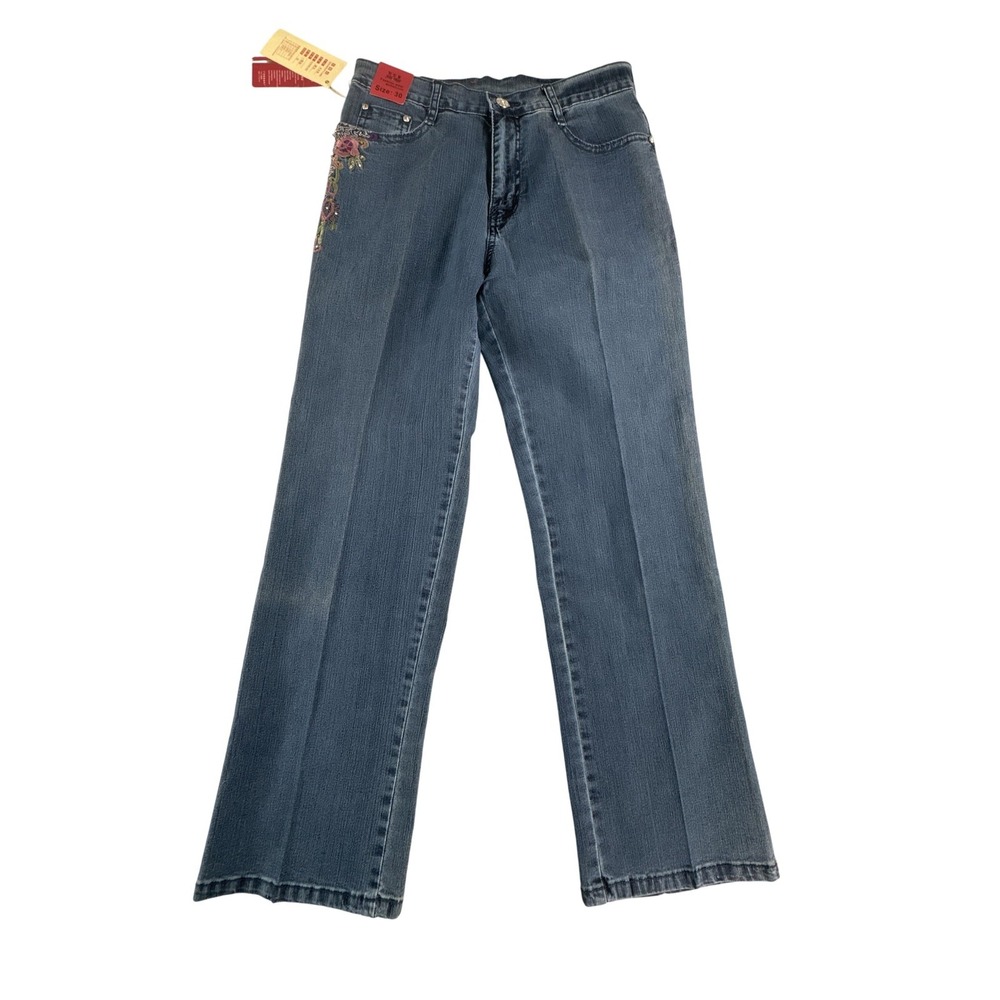 Ke Li Mei Jeans Womens Size 30 Blue Embroidered Floral Straight Leg Denim Pants
